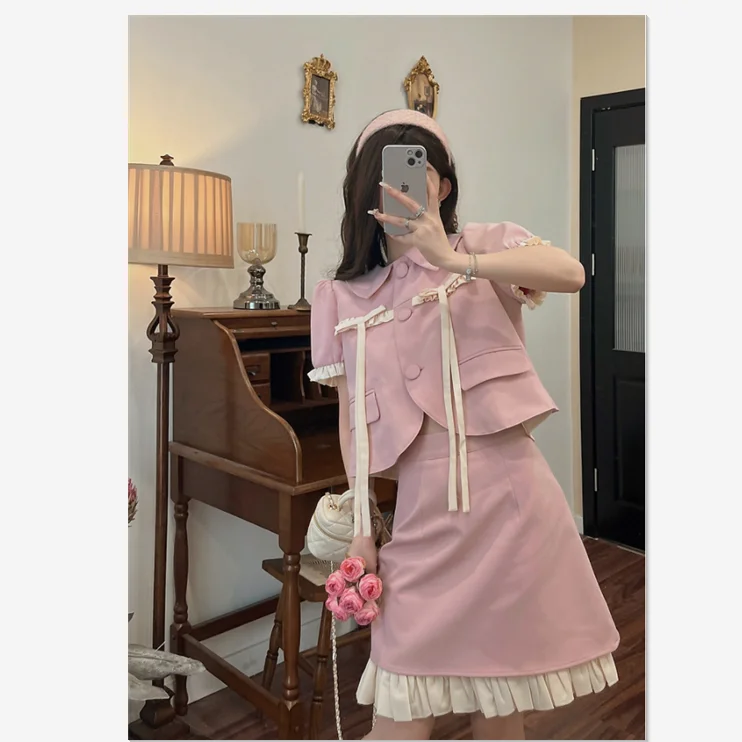 

Sweet Preppy Patchwork Pink Puff Sleeve Peter Pan Collar Shirt Women Waisted Slim A-line Pleated Skirt Summer Two Pieces Set