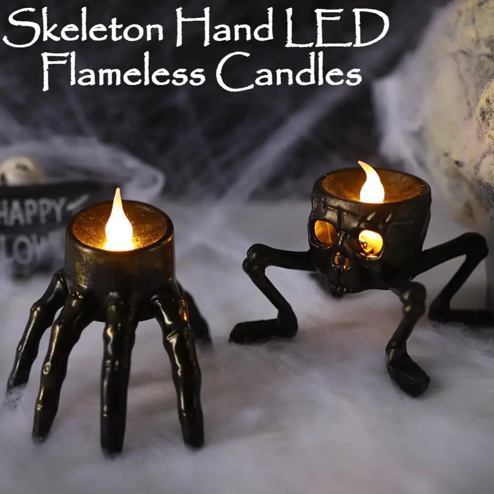 4 Pcs Halloween Flameless Candles, Spooky Skeleton Hand, LED Battery-Operated Candle Lights, Halloween Decorations