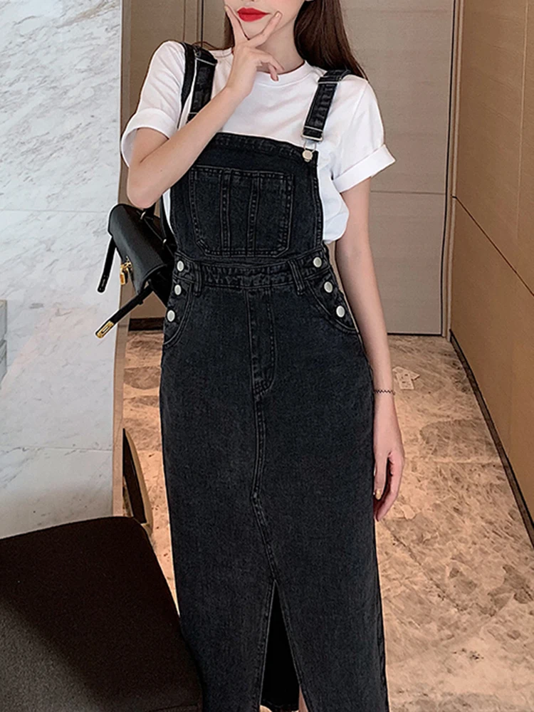 Teen Girls Casual Pencil Dresses Female Adjustable Strap Jean Dresses Blue Black Summer 2022 Women Denim Dress Sundress