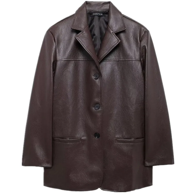 سترة جلدية نسائية أنيقة لخريف وشتاء 2024، ملابس خارجية متعددة الاستخدامات بأسلوب كلاسيكي، أكمام طويلة وتصميم فضفاض، مواد أخرى...