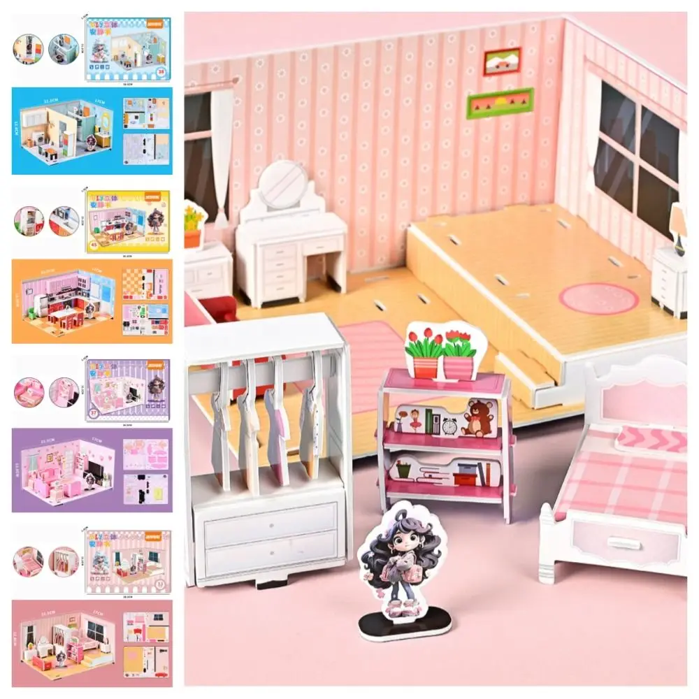 Bedroom DIY Puzzle Dollhouse Room Living Room Kitchen Pretend Play Paper Doll House Cartoon Bathroom 3D Paper Puzzle Room Gifts