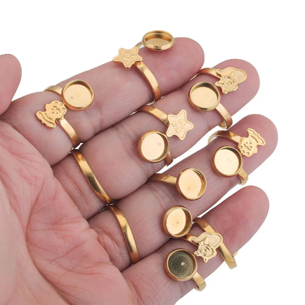 10Pcs Fit 8mm Gold Plated Stainless Steel Star Open Ring Settings Flat Blank Base Resin Cabochons Tray Ring Bezel Jewelry Making