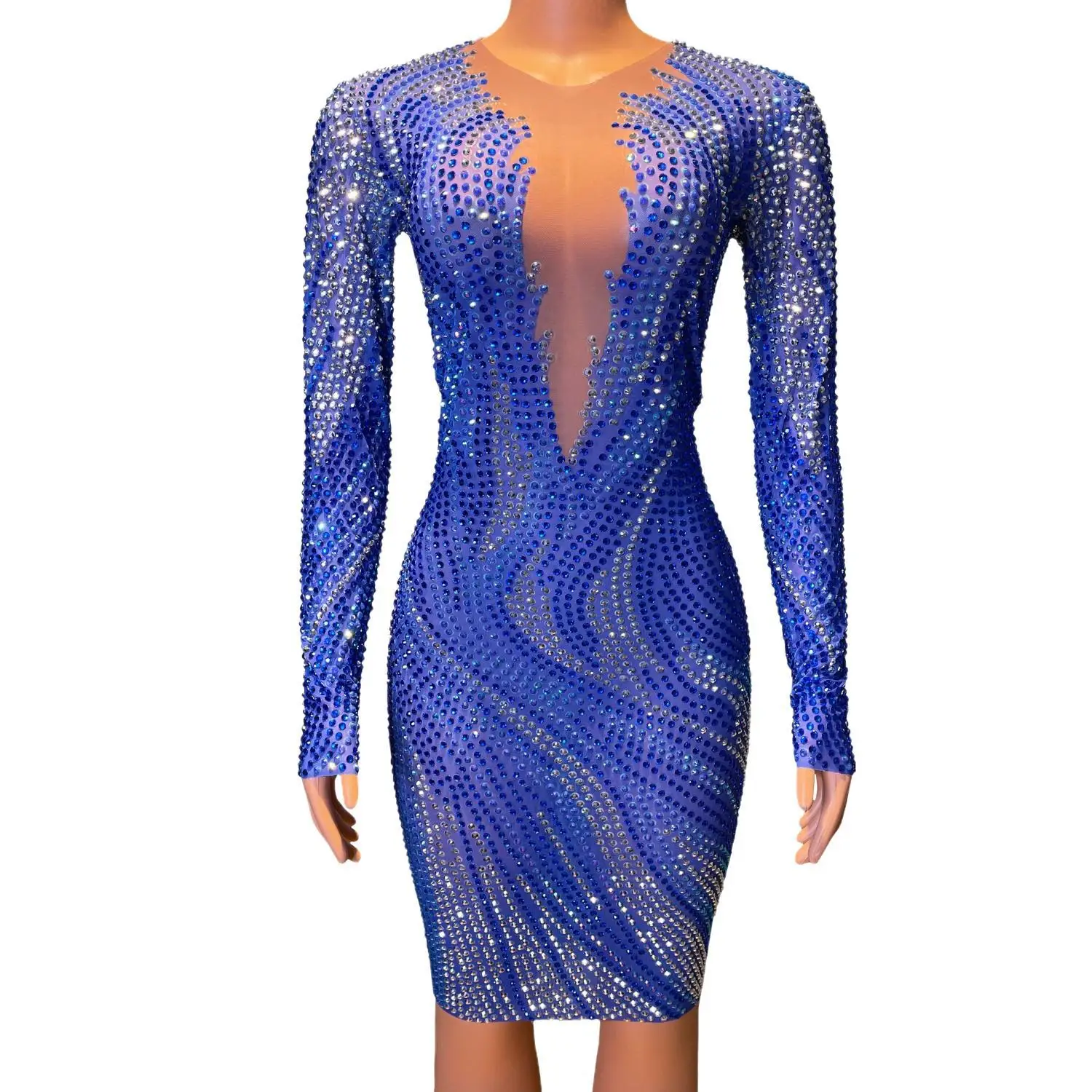 

Sexy See Through Women Birthday Gowns Sheer Long Sleeve Sparkly Blue Crystals Luxury Black Girl Short Prom Dresses 2024 Hailang