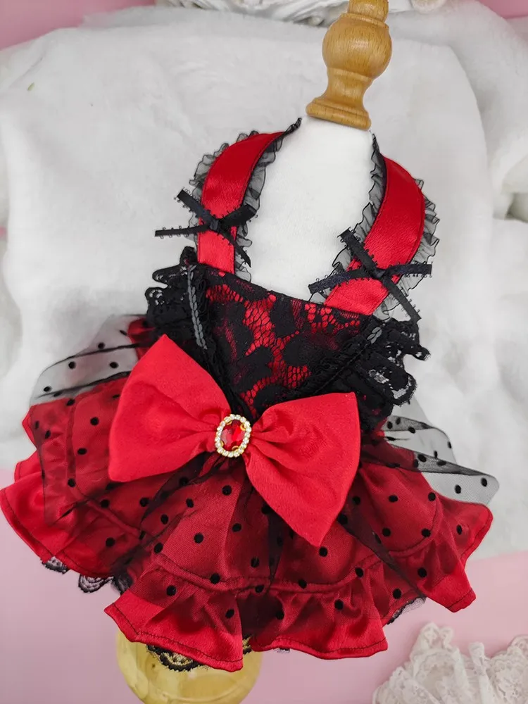 Handmade Dog Clothes Pet Supplies Unique Design Princess Dress Classic Black Red Satin Dot Grenadine Shine Gem Accessories Party