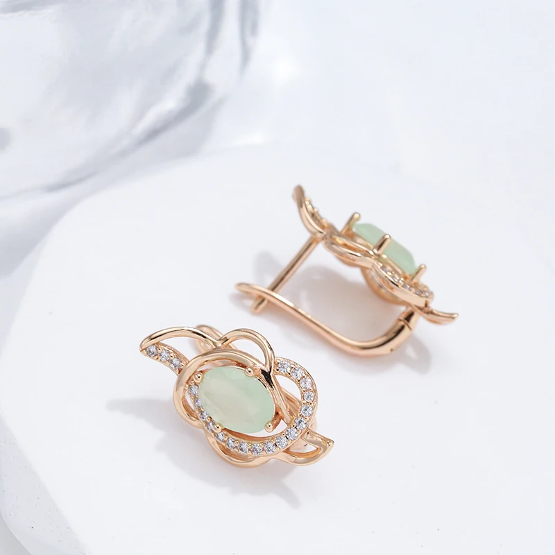 Kinel New Emerald Oval Cut Zircon Earrings 585 Rose Gold Color Clip Earring Inlay Natural Zircon Crystal Flower Party Jewelry