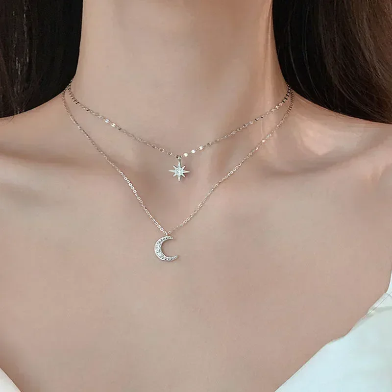 Delysia King   Star Moon double layer Necklace women's light luxury niche design sense overlapping clavicle chain 2021 NEW