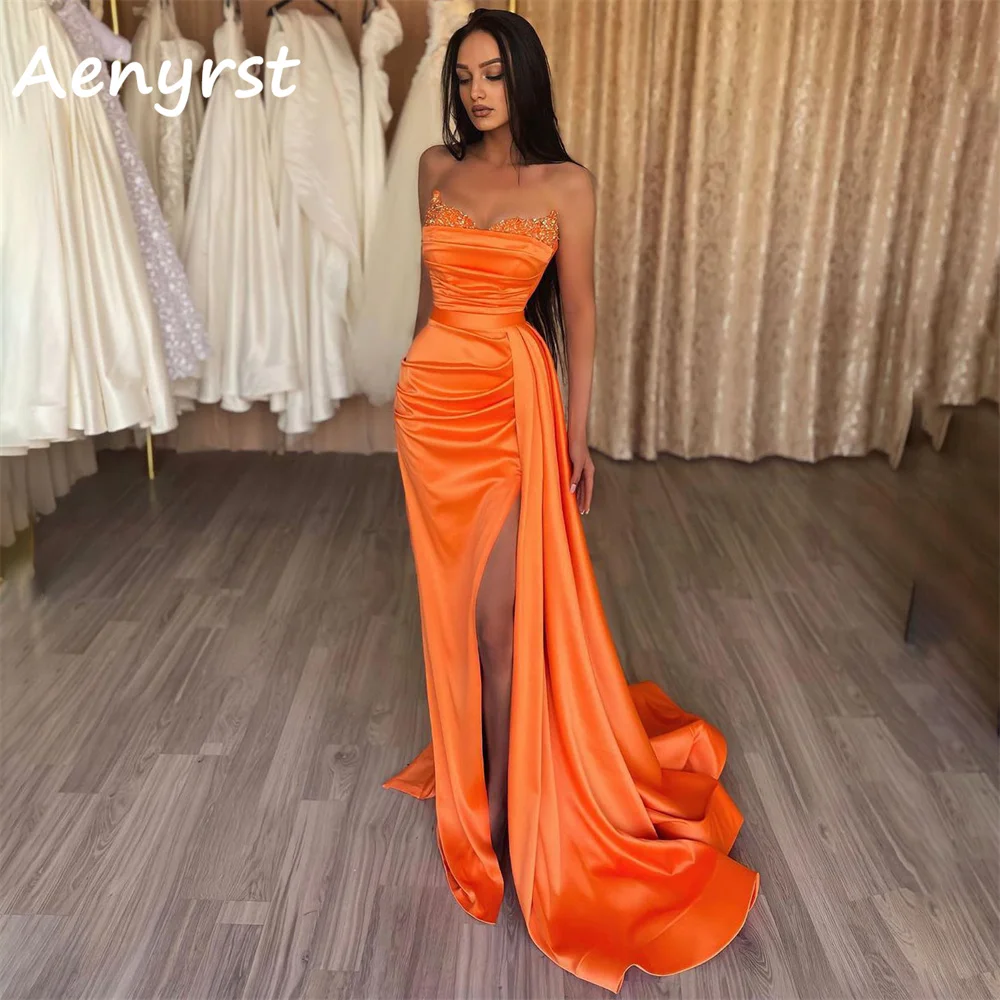 

Aenyrst Elegant Strapless Mermaid Evening Dresses Satin Pleat High Side Split Long Prom Gown Sweep Train Party Dress Custom Made