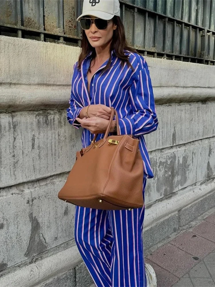 Summer Casual Women Striped Shirt Suit Long Sleeves Lapel Top Elastic High Waist Pockets Straight Leg Pant New Female Chic Set