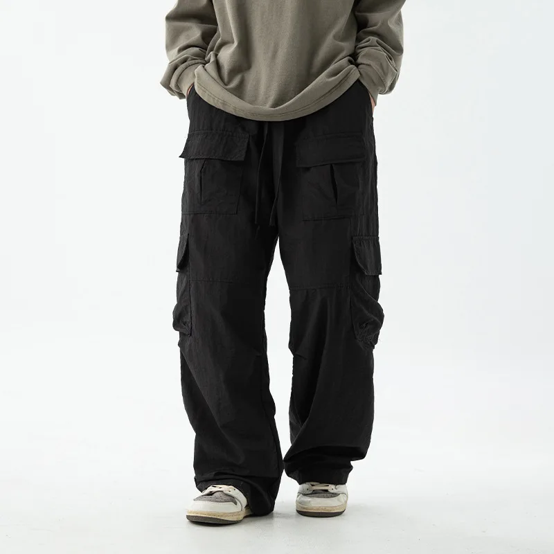 Pantalones Cargo multibolsillos para hombre, pantalón holgado de pierna recta, plisado, Color sólido, cintura elástica, estilo Hip Hop, para