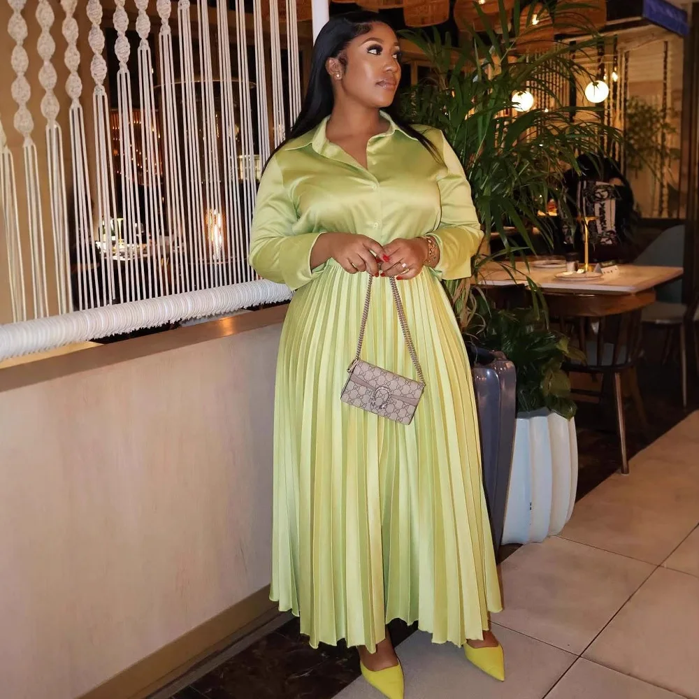 Feminino duas peças conjunto botão até manga longa turn down collar camisa com plissado uma linha saia sólida elegante nobre convidado saia terno