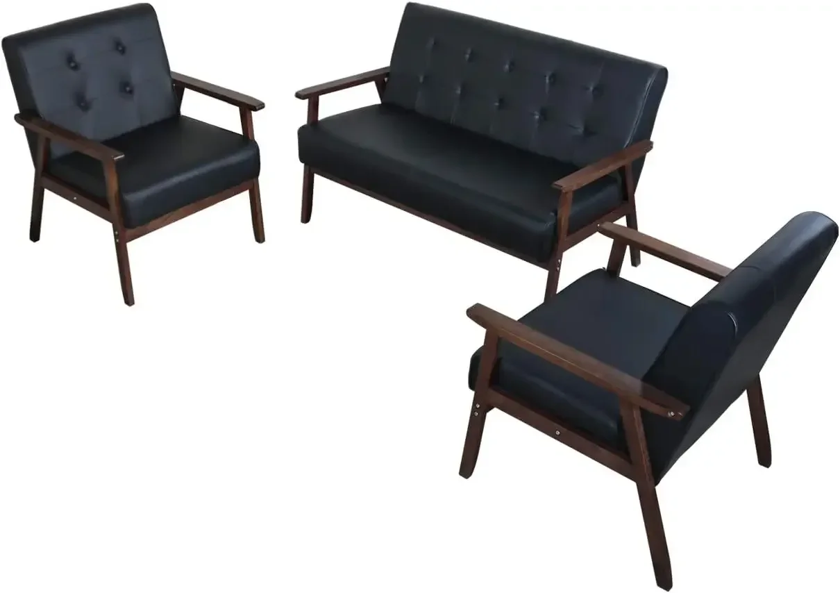 Mid Century 1 Loveseat Sofa and 2 Accent Chairs Set Modern Wood Arm Couch and Chair Living Room Furniture Sets Black Set