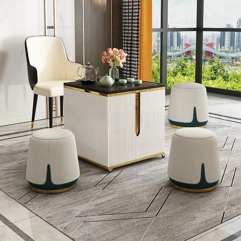 Light Luxury Square Tea Table Movable Balcony Tea Cart Multi Functional Home Living Room Smart Kung Fu Table With Storage Wheels