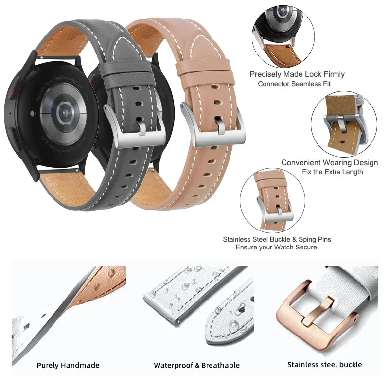 20mm Leather Strap For Samsung Galaxy Watch7 6 5 4 44mm 40mm Active 2 GearS3 22mm Bracelet For Huawei Watch GT4 Replacement Band