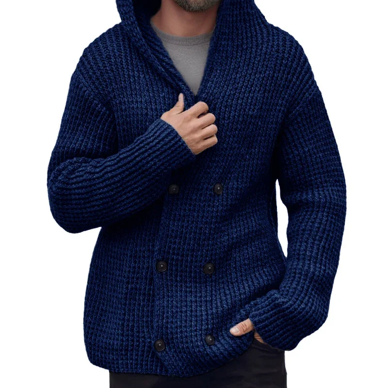 Leisure Solid Color Sweatercoats Mens Autumn Winter Warm Knitting Cardigans for Men Fashion Button-up Hooded Sweater Jacket Coat