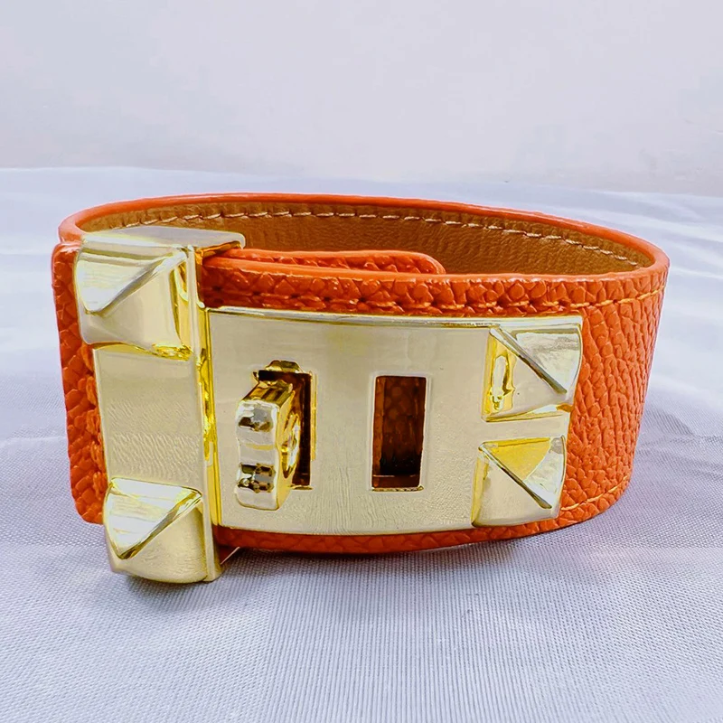 Top Quality 10 Colors Single Layer Leather Circle Gold Plated Rivet Stainless Steel Bracelet For Women Brand Element Jewelry