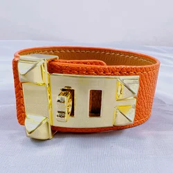 Top Quality 10 Colors Single Layer Leather Circle Gold Plated Rivet Stainless Steel Bracelet For Women Brand Element Jewelry