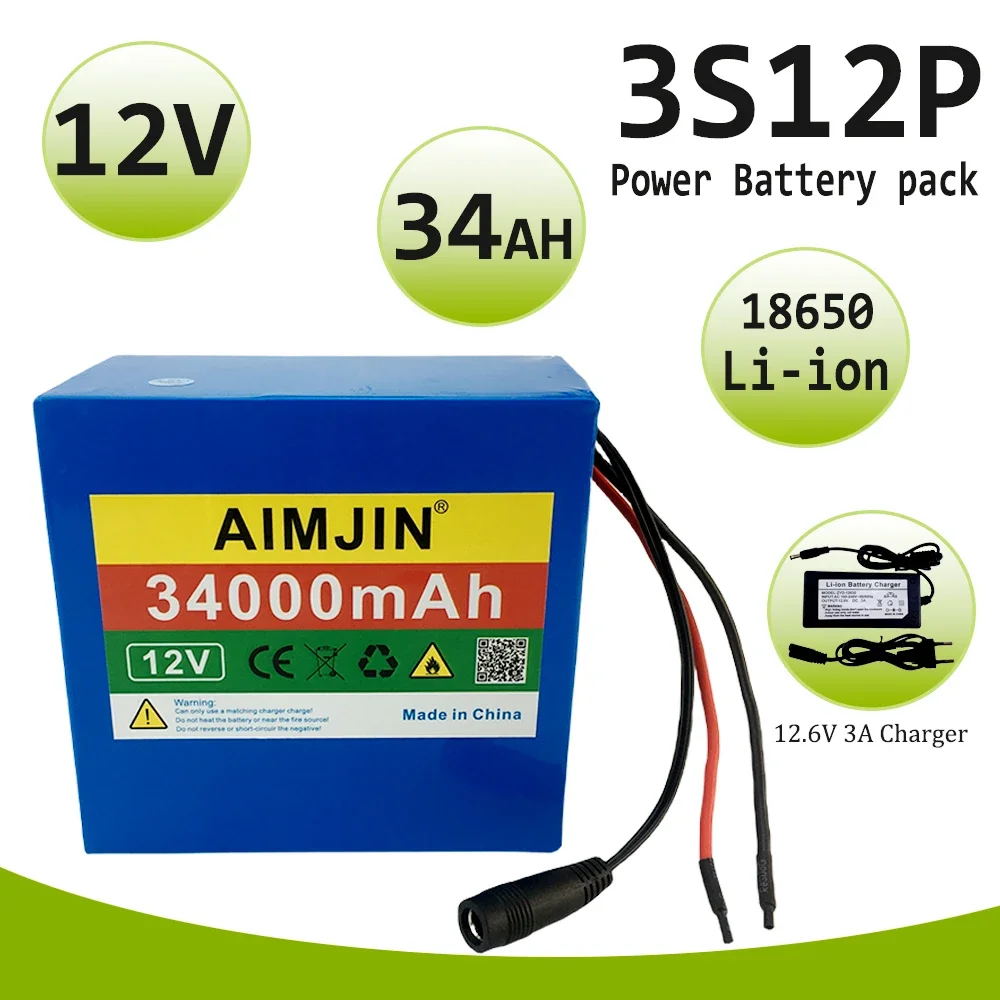 3S12P 12V 34000mAh 18650 Li-Ion Battery Pack, for LED Lamp Light Solar Street Light Backup Power Etc+Charger