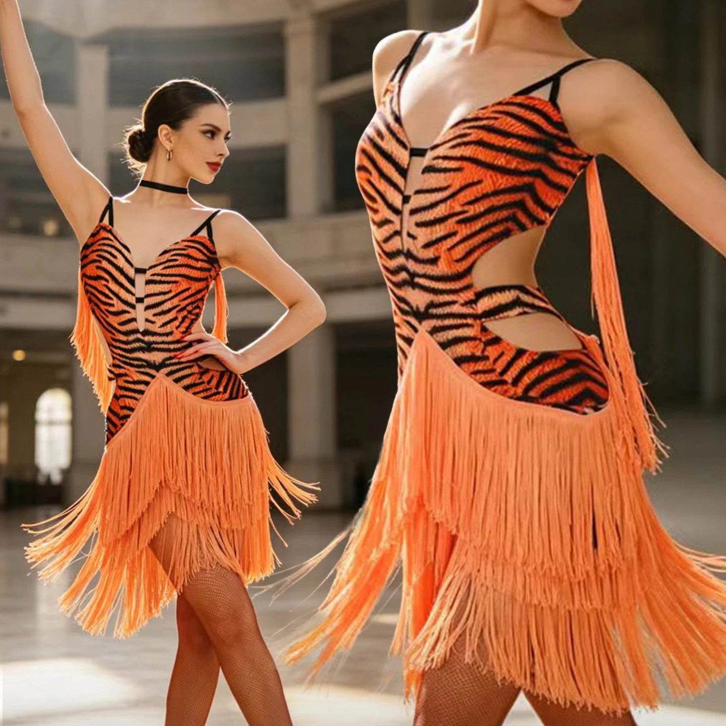 

2026 Latin Dance Costumes Competition Wearing For Women Strap Tiger Print Tassels Dress Samba Dance Performance Clothes DN23391
