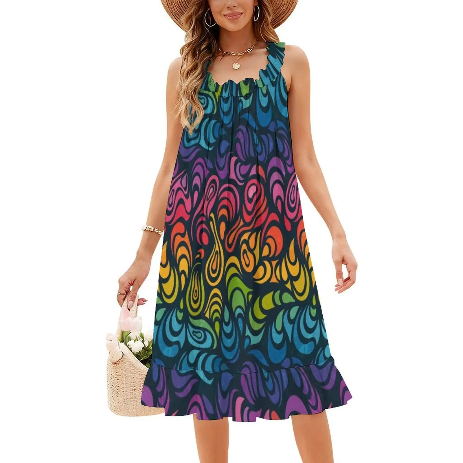 فستان عطلة مثير بألوان قوس قزح ذوبان رائع للنساء لحفلات الشاطئ وأعياد الميلاد فستان قصير ريترو 90S نمط برتقالي تجريدي للنساء #4