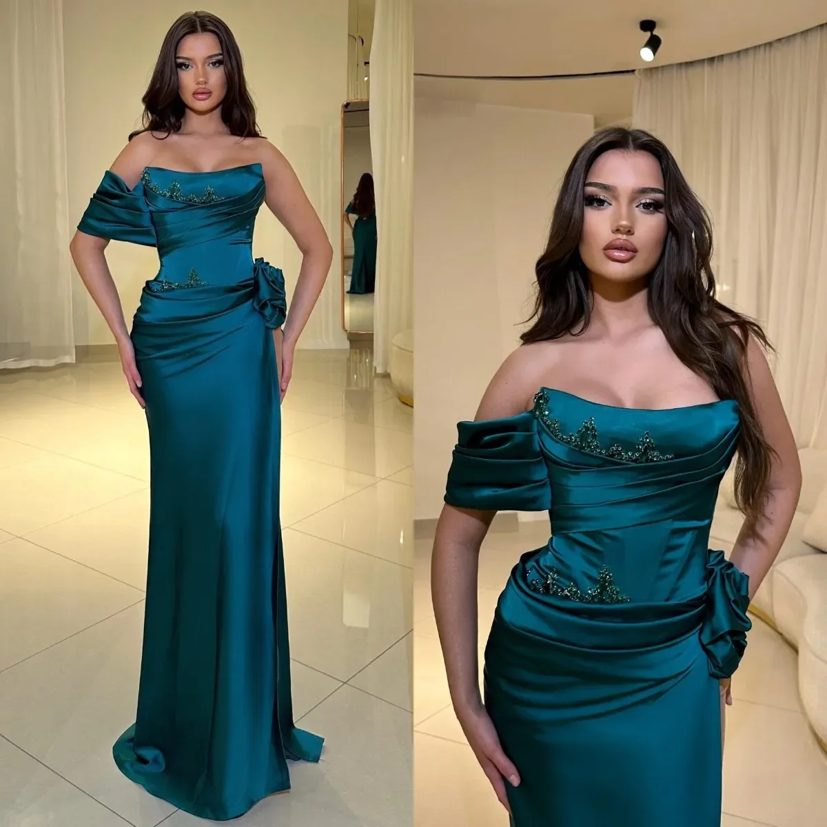 Luxurious Mermaid sequin ball gown Sexy Halter back one shoulder sleeve side slit Formal dress Cocktail Party Evening dress