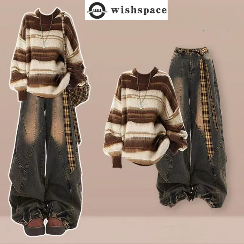 Retro Set Women's Autumn/winter Korean Version Age Reducing Striped Knitted Top+slimming Casual Jeans Two-piece Set
