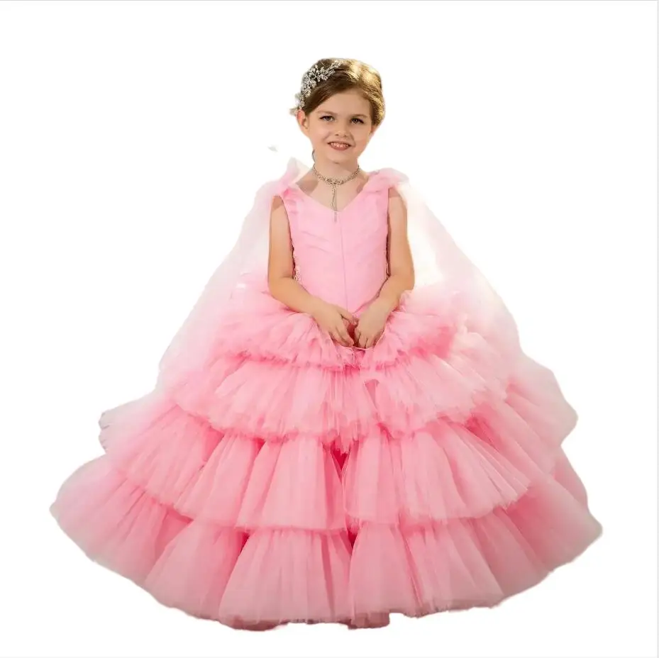 

Exquisite Flower Girls Dresses with Ribbons Tulle Ball Gown Vestido De Novia V Neck Kids Birthday Party Dress