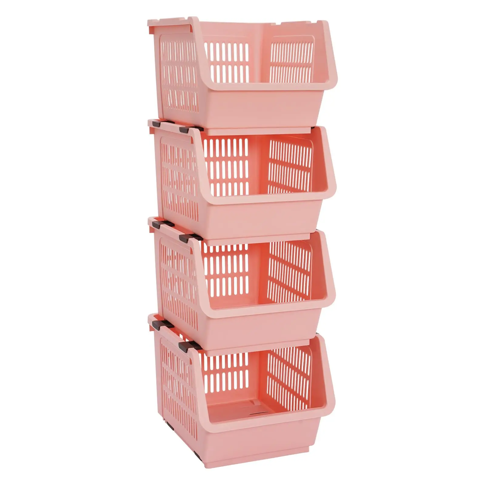 

4-Pack Stackable Storage Baskets with 2 Wheels, Large Capacity 38.58 lbs Stackable Storage Bins Open Front, Space Saving Home Or