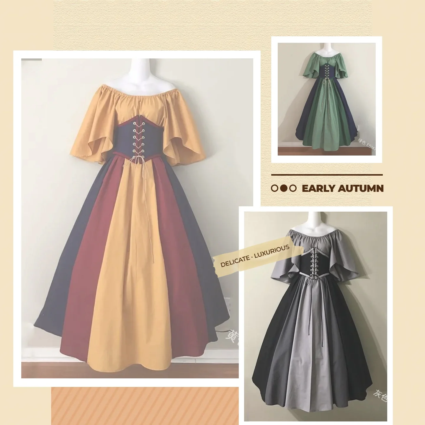 

European American Medieval Vintage Patchwork Waist Fitted Flared Dress Off The Shoulder Formal Gown For Women