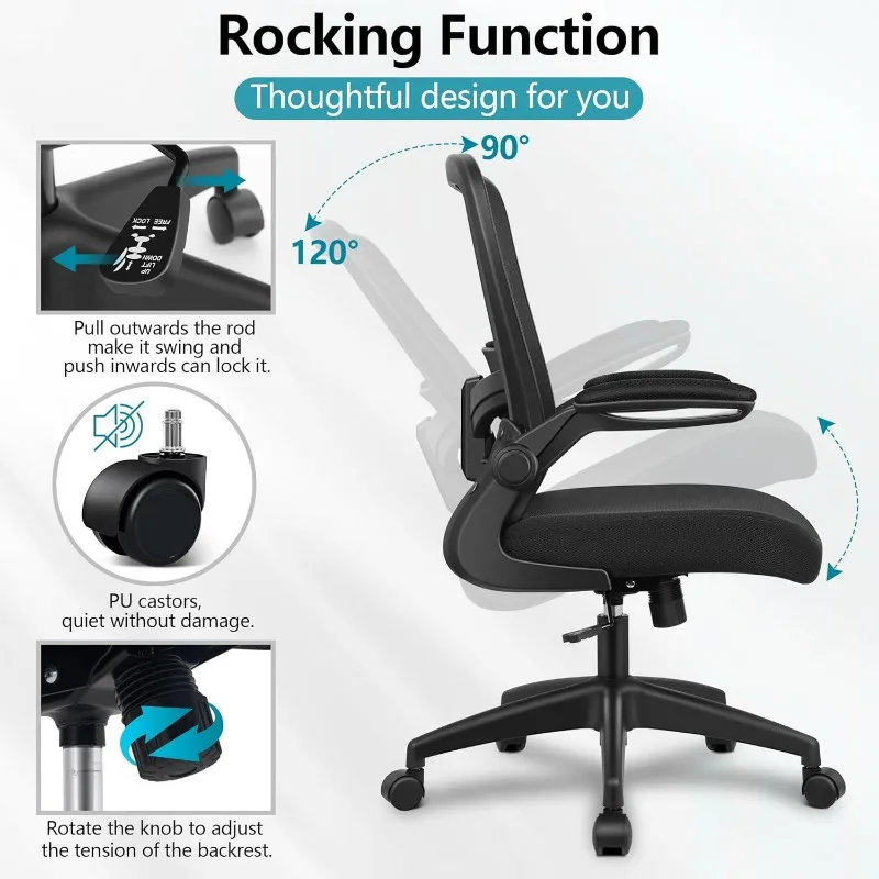 Cadeira de mesa ergonômica cadeira de malha respirável com apoio lombar ajustável de encosto alto apoios de braços dobráveis, para escritório doméstico