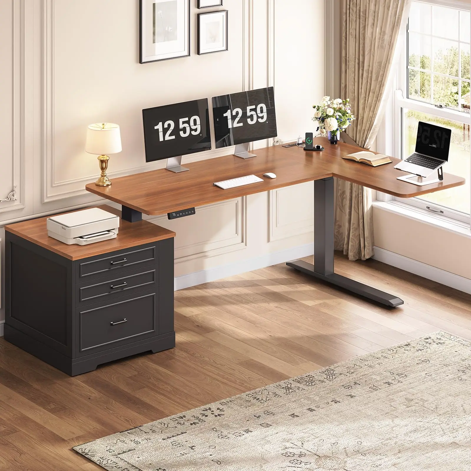 Farmhouse L Shaped Electric Standing Desk, 70.9
