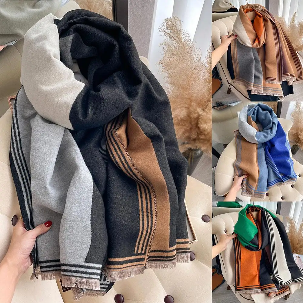 

Толстый кашемировый шарф, уличные теплые шарфы для шеи, мягкие длинные геометрические цвета сращивания, многофункциональное пончо, хиджаб, шали, накидки