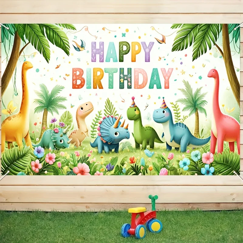 Cartoon Dinosaur Polyester Photo Backdrop Banner Vibrant Happy Birthday Decorations Indoor Outdoor Events Parties
