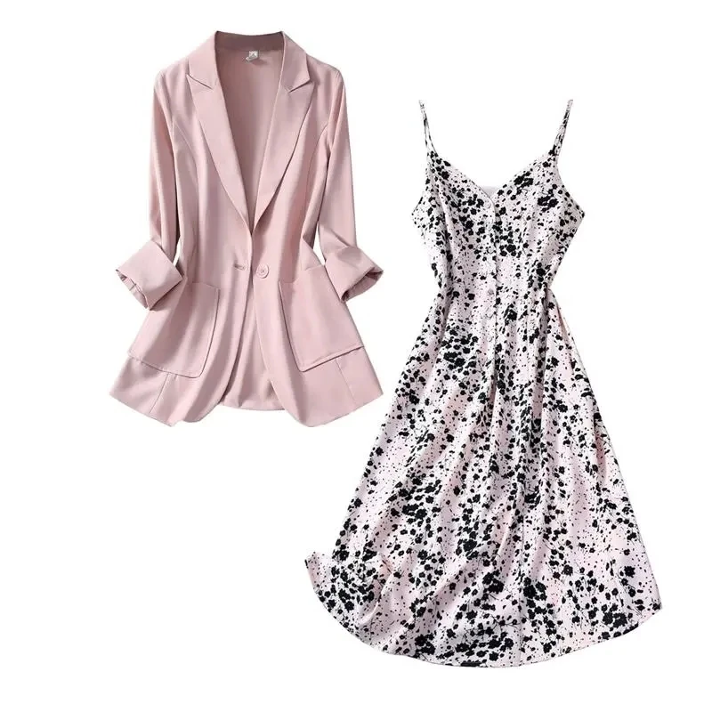 Costume ample et fin pour femmes, ensemble 2 pièces, couleur unie, manches mi-longues, rose, manteau + robe à fleurs en mousseline de soie, Blazer pour femmes