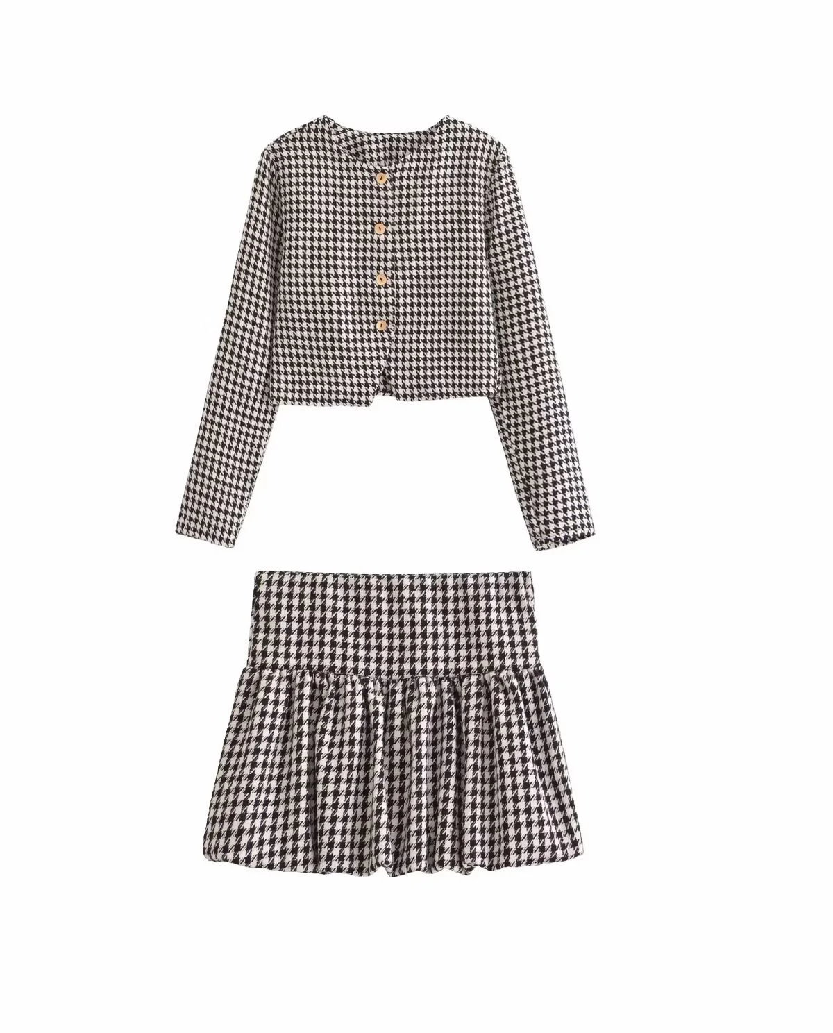 الربيع الملابس النسائية houndstooth بسيط مزاجه طويلة الأكمام جولة الرقبة ركاب سترة مزاجه عارضة تنورة قصيرة