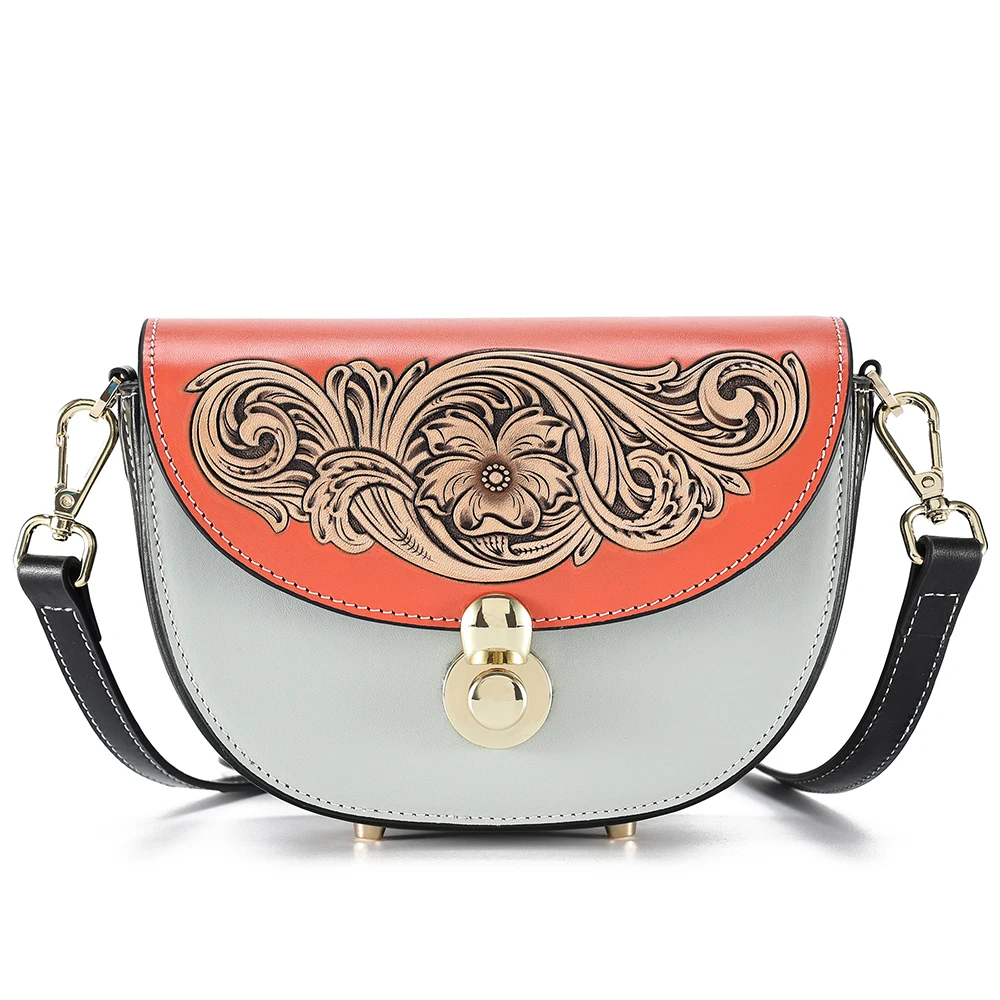 Vegetable tanned leather carved women's shoulder bag fashionable crossbody bag niche design retro saddle bag  for women