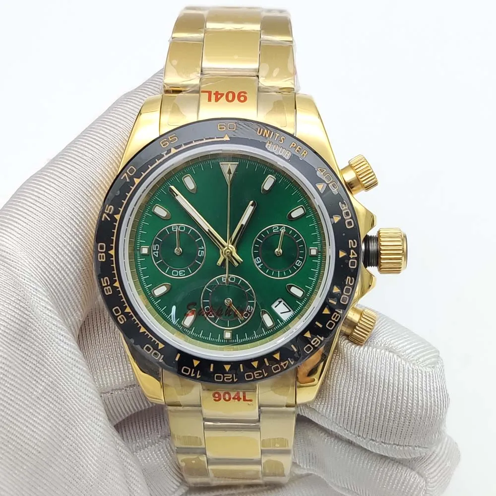 Men's Quartz Gold Colour Luxury Fashion Sports Watch, VK63 Movement, Green Dial, Water Resistant Chronograph