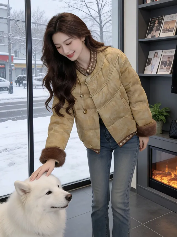 

Sli ort down Cotton Jaet Women's Thiened round Ne Winter Coat Warm Chinese National Sle New Arrival 2026