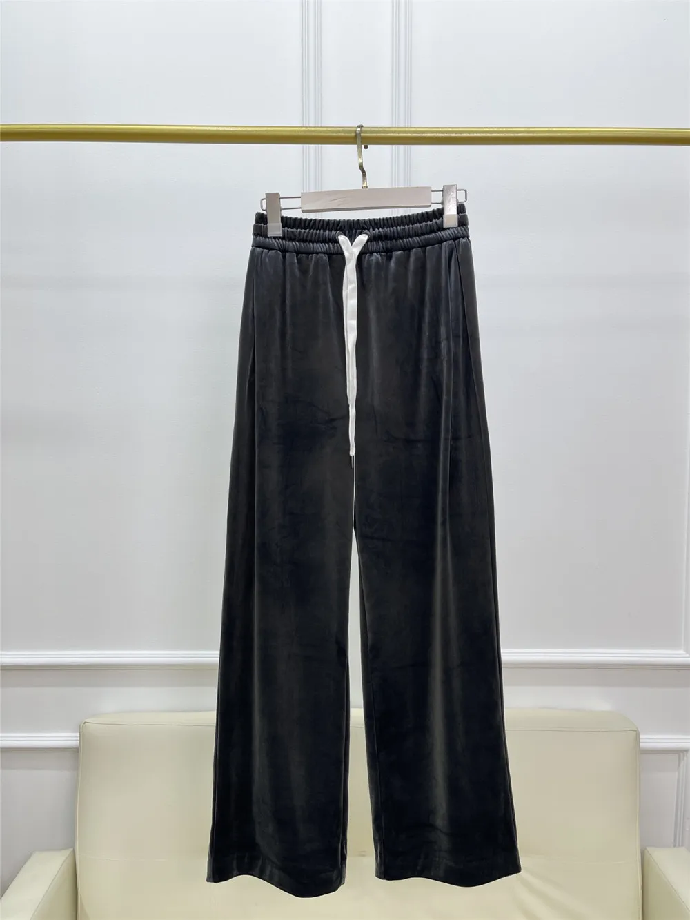 Imported Velvet Wide-Leg Pants For Women Elastic Waist Drawstring Straight Long Trousers High-Quality