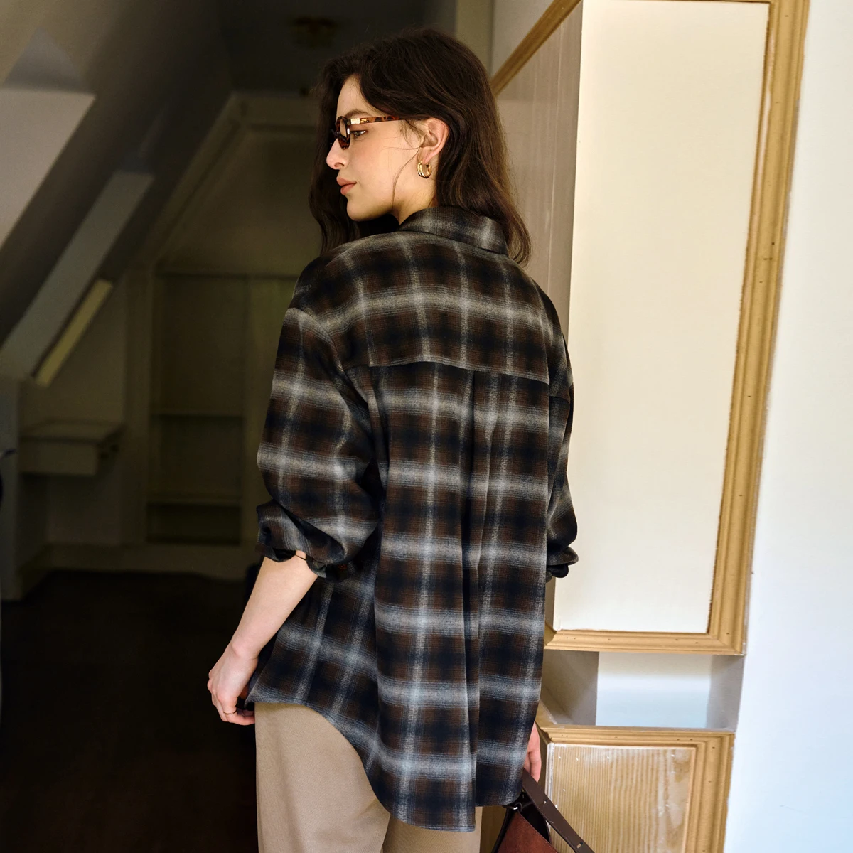 OLrain Women's Plaid Shirt 2025 Autumn New Arrival Casual Vintage Loose-fit Long-sleeve Turn-down Collar Shirt Tops O57QC001152