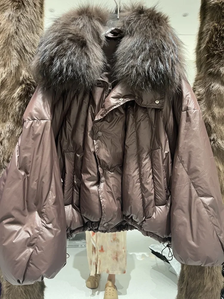 OFTBUY ريال ضخم الراكون الفراء طوق سترة منفوخة جديد الشتاء المرأة قصيرة فضفاضة سميكة الدافئة أسفل معطف الأبيض بطة أسفل سترة