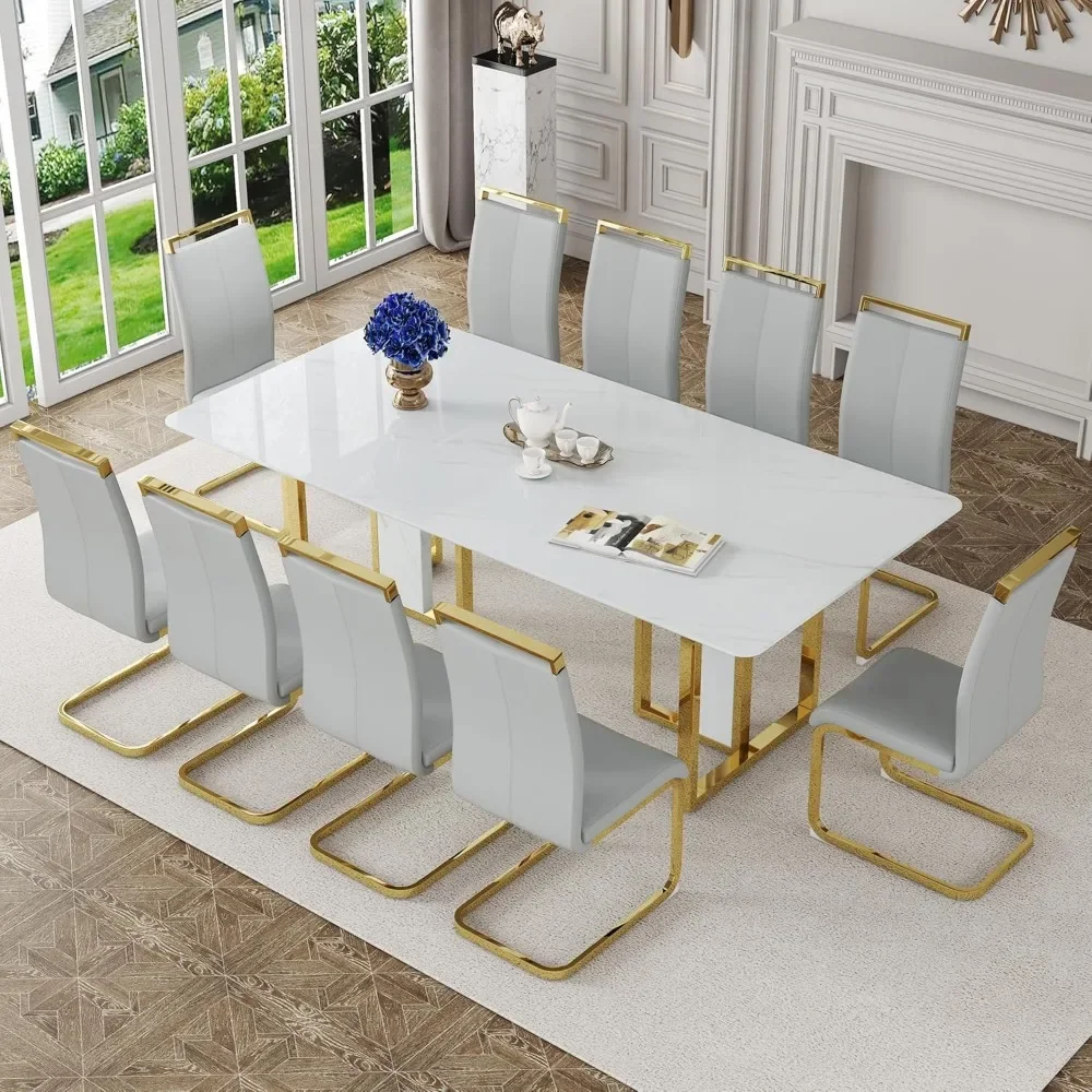 

Dining Table Set for 10, 79in White Rectangle Dining Room Tables Set for10, 11 Piece Kitchen Table and Chairs Set