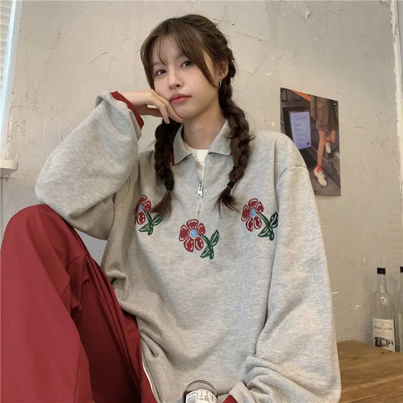 Polo collar long-sleeved sweatshirt for women autumn thin Korean style 2021 new loose and versatile top ins trendy students y2k