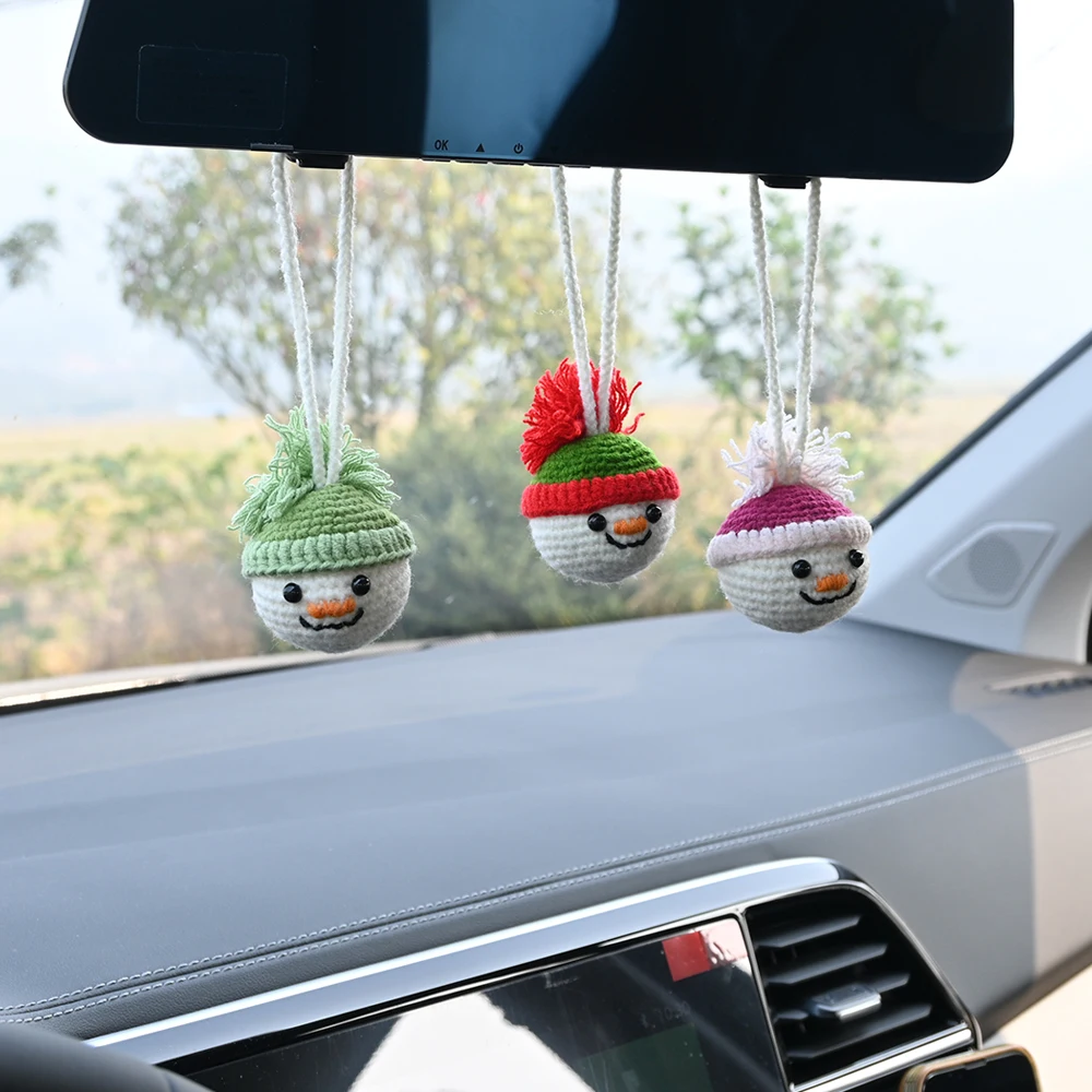 1pcs Fabric Hand-Knitted Snowball Smiling Face Pendant,Car Interior Rearview Mirror Accessory,Cute Gift Idea,Home Hanging Decor.