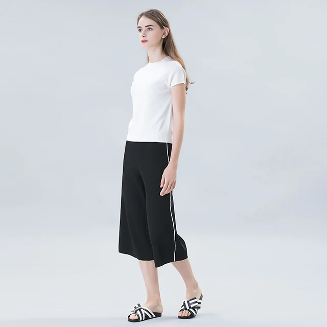 

Classic Ice Silk Loose Fit Elastic Waist Seven Inch Pants Black White Contrast Color Block Elastic Hem Casual Trousers