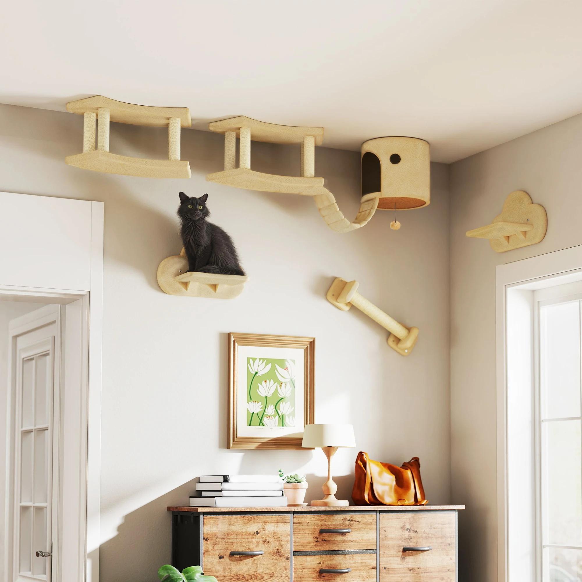 PawHut Set de Muebles para Gatos de 5 Piezas: Muro de Escalada, Rascador, Plataformas de Salto, Escalera y Casa