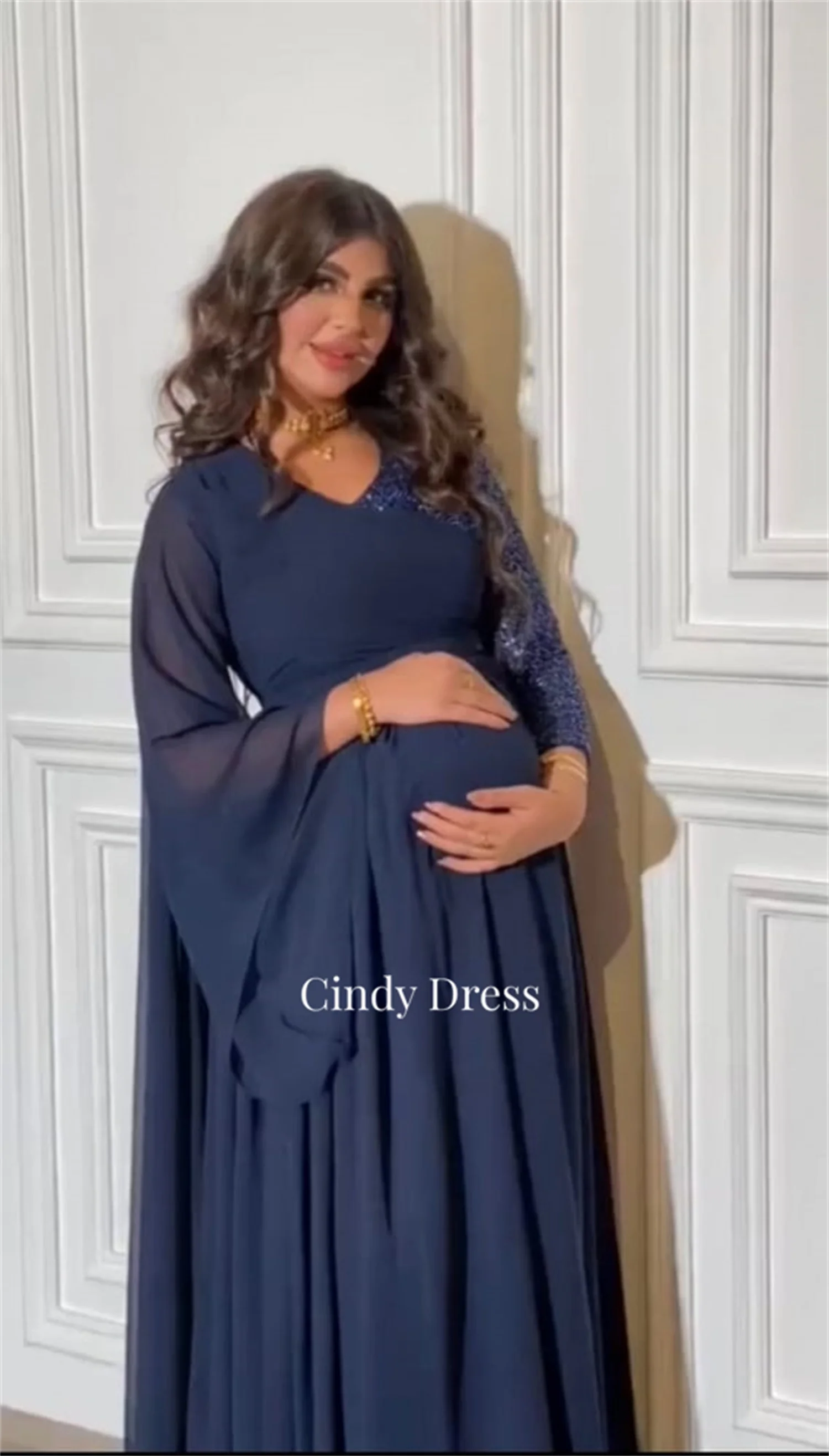 Cindy Navy Blue Formal Dress White Sequins Evening Gown Chiffon Women Pregnant Woman Banquet Customized 2024 Dresses Luxury