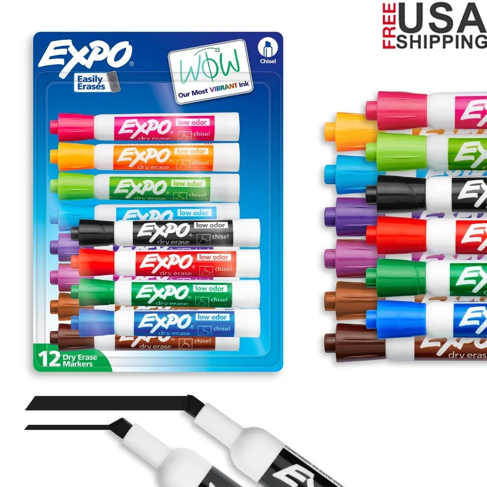 

Dry Erase Markers Chisel Tip Assorted Colors 12 Count Low Odor Vibrant Ink Non-Porous Surfaces Versatile Home Office School