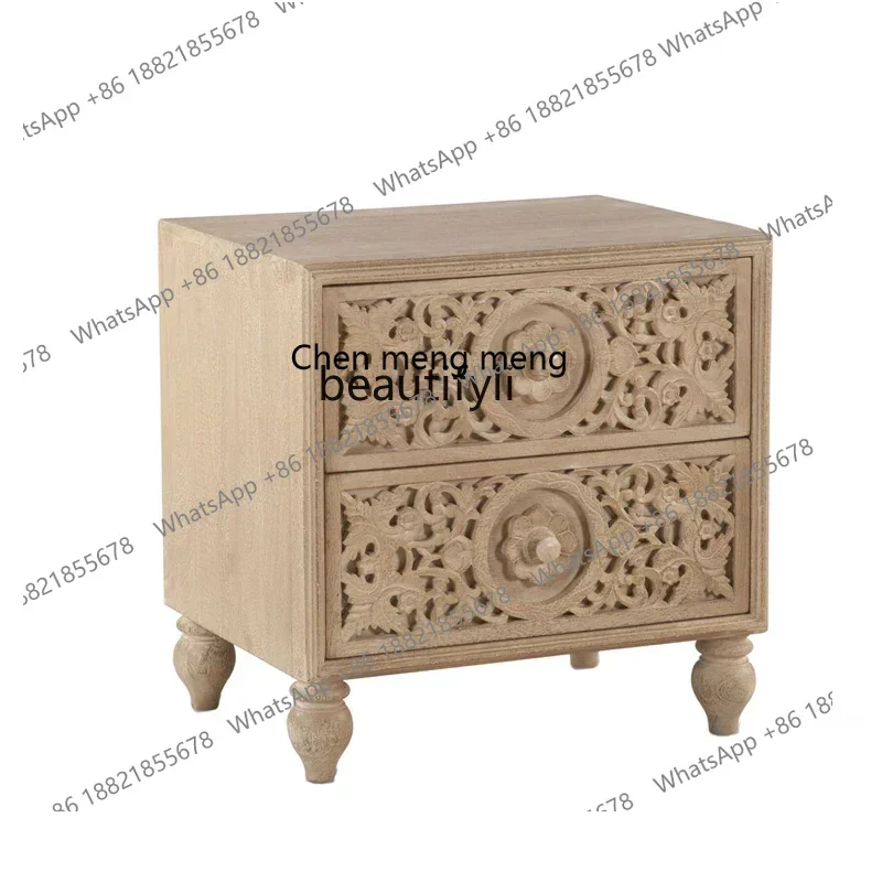X Retro hand-carved bedside table American solid wood drawer old chest cabinet locker