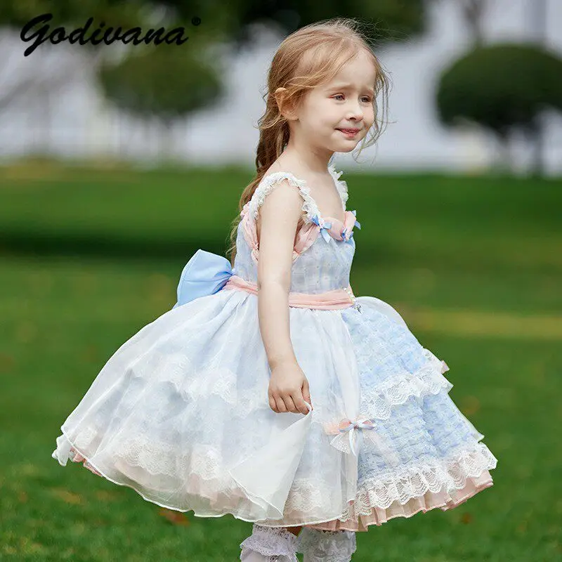 Original High End Heavy Luxury Baby Girls Princess Lolita Dress Kids Summer New Sleeveless Bow Mesh Lace Trim Birthday Ball Gown