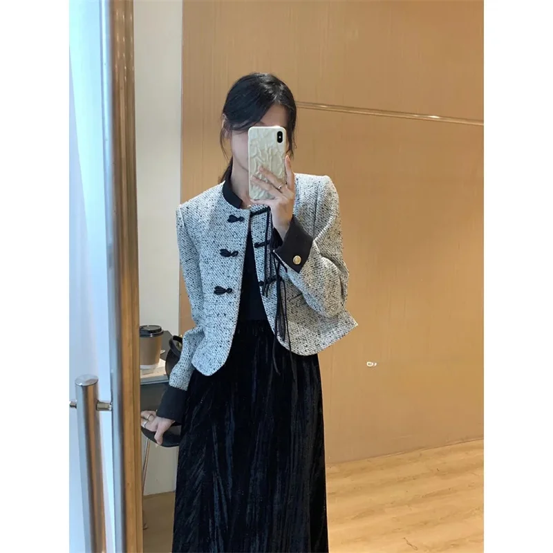 High-End Chinese Style Design Contrasting Color Jacket For Women Autumn French Retro Women's Spring Jackets Coffee Black Coat